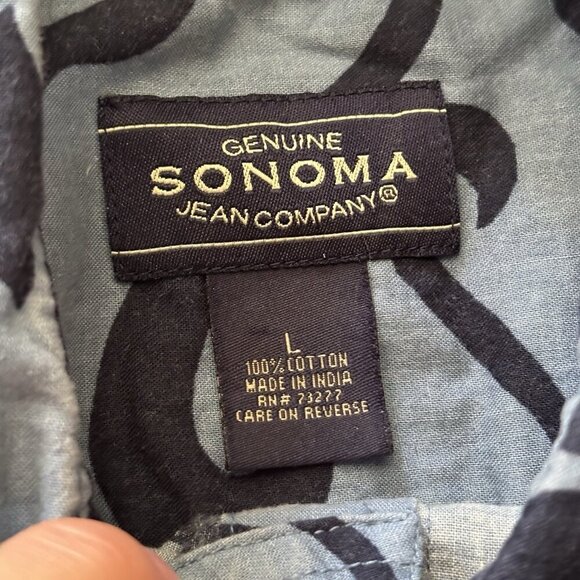 Sonoma Mens L Hawaiian Button Down Shirt Blue Aloha Tropical Camp Beach Flowers - Picture 12 of 14